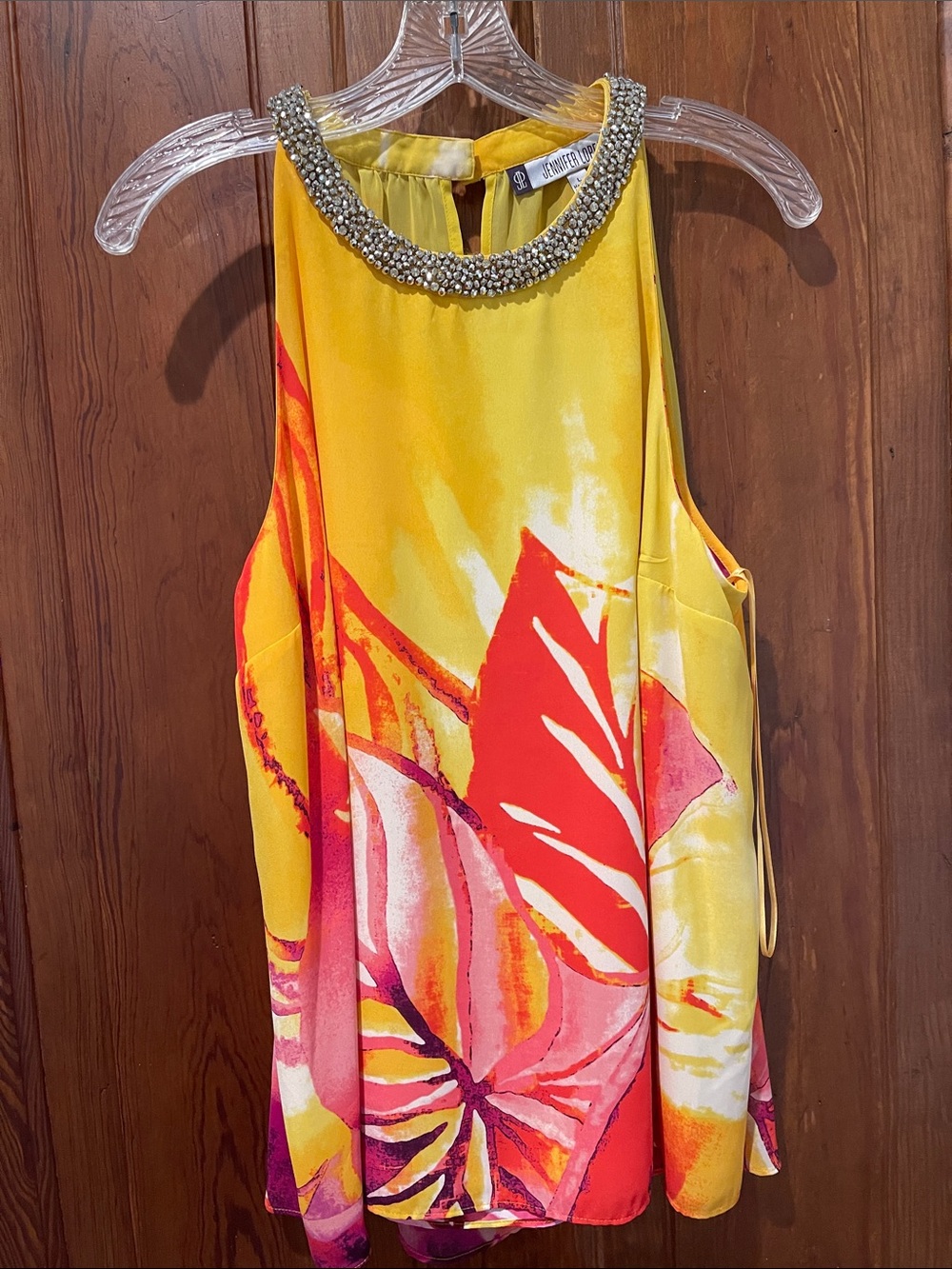 Jennifer Lopez Yellow Tropical Print Beaded Neck sleeveless top